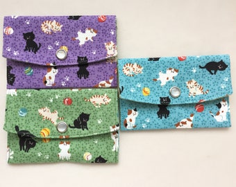 Business Card Case/ Gift Card Holder/ Mini Coin Purse - Kawaii Neko -Sky Blue, Green, or Purple