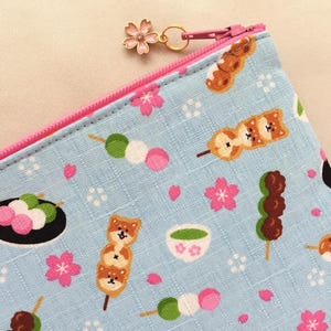 Shiba-Inu Dango Zipper Pouch / Coin Purse or Pencil Case - Japanese Dog, Shibainu Shaped Dango - Hanami Dango with Matcha Green Tea - Blue