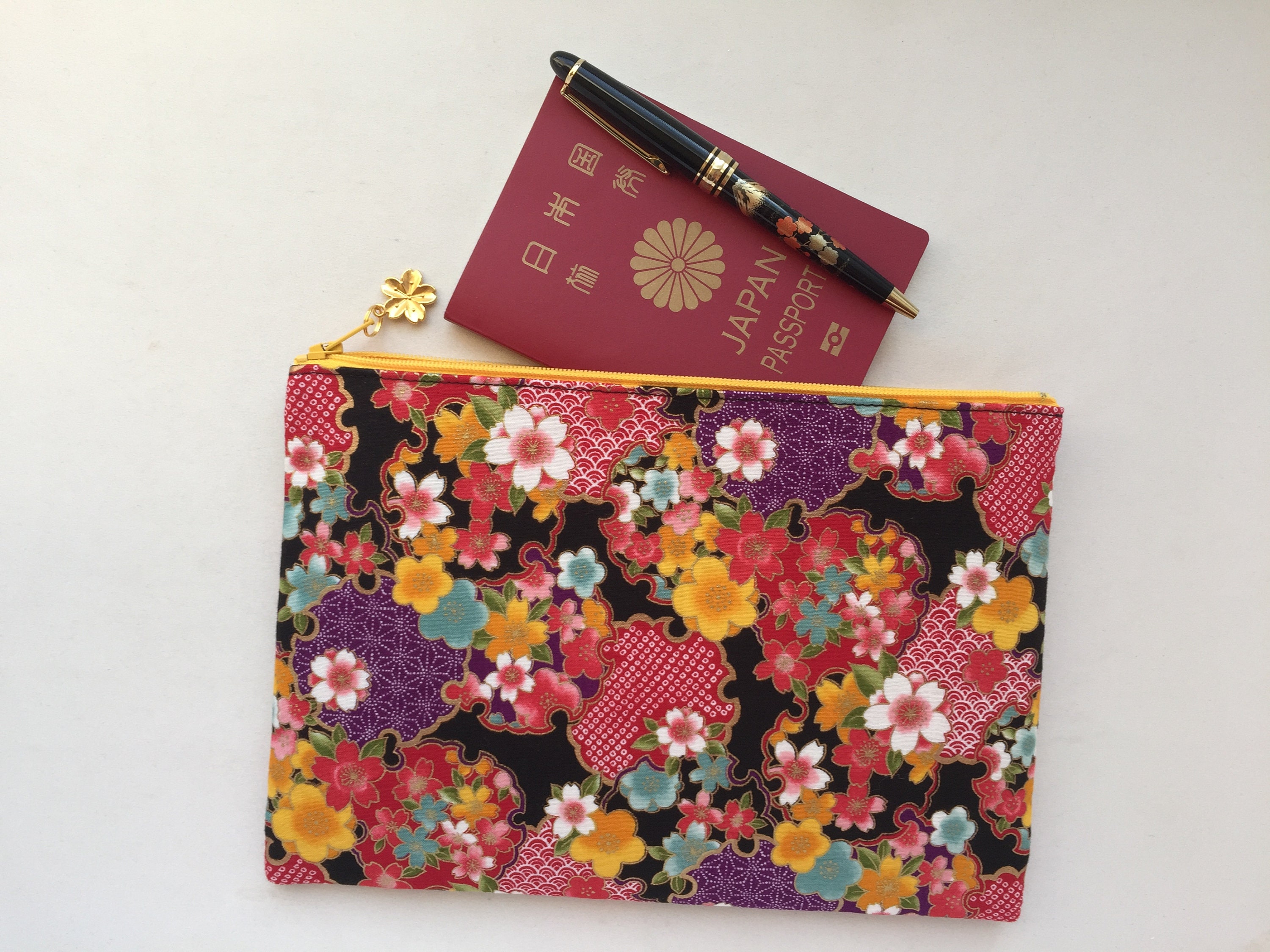 Kimono Zipper Pouch / 6”x9” Cosmetic Purse - Sakura and Ume