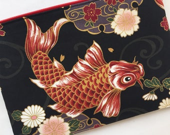 Kimono Zipper Pouch / Cosmetic Pouch 6”x9” - Koi and Sakura