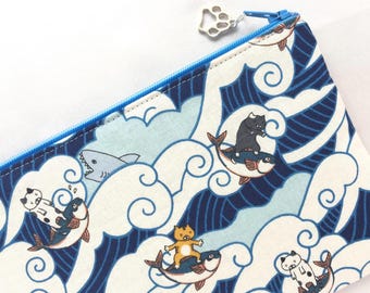 Japanese Cat Zipper Pouch/ Cosmetic Purse - Surfing Cats