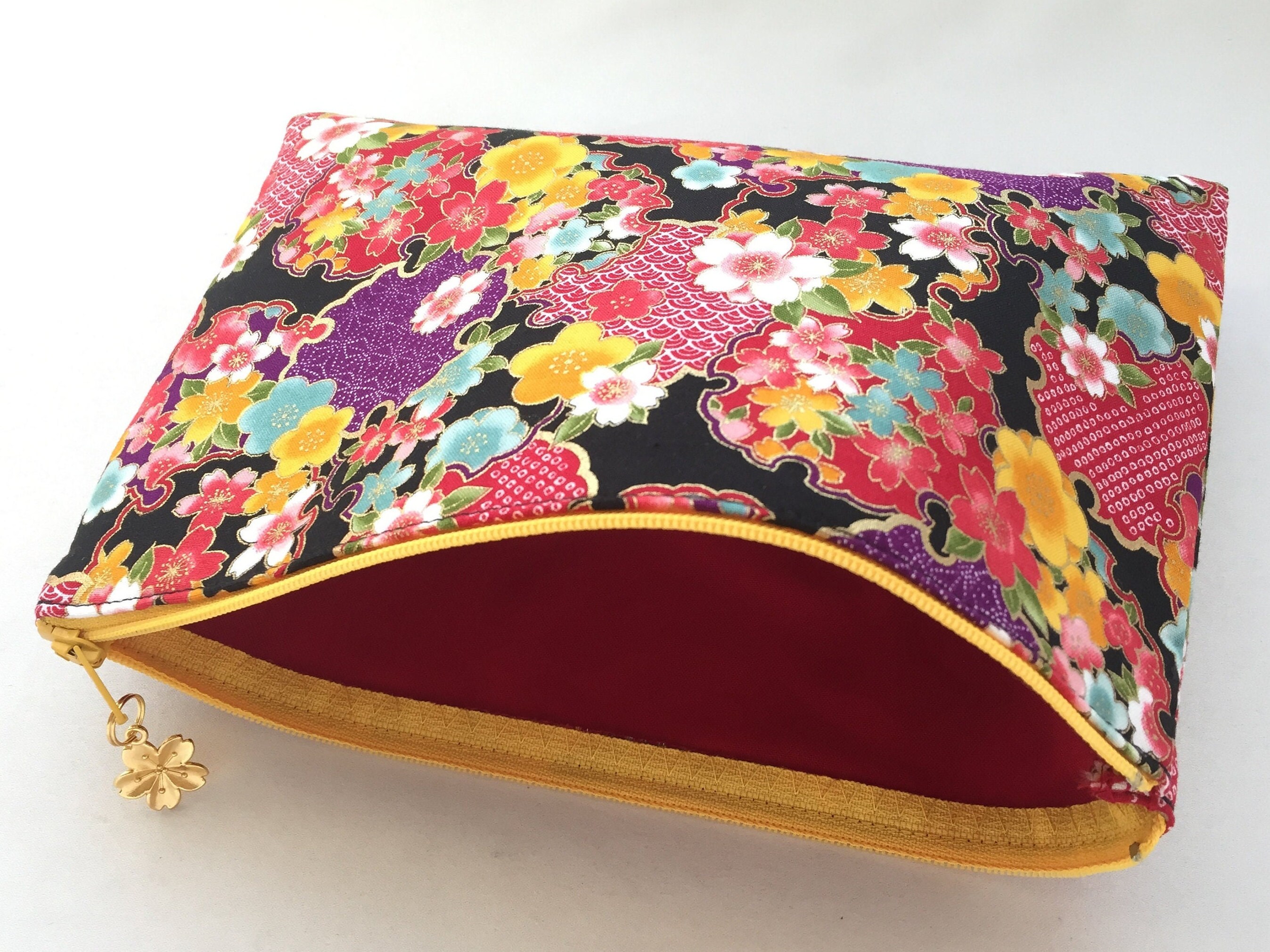 Kimono Zipper Pouch / 6”x9” Cosmetic Purse - Sakura and Ume