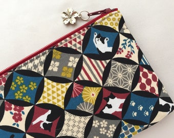 Cat Zipper Pouch / Coin Purse or Pencil Case - Japanese Traditional Pattern, Shippou