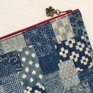 Indigo Zipper Pouch / Cosmetic Pouch 5”x8” or 6”x9”- “Boro” Japanese Traditional Patched Textile Pattern - Washed Indigo