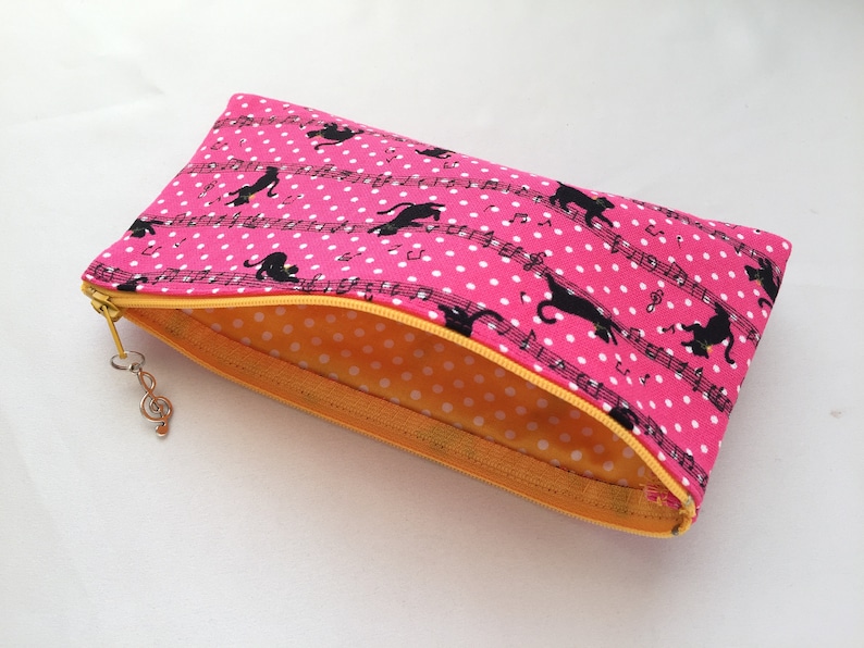 Fuchsia Kawaii Cat /& Music Pencil Case Zipper Pouch
