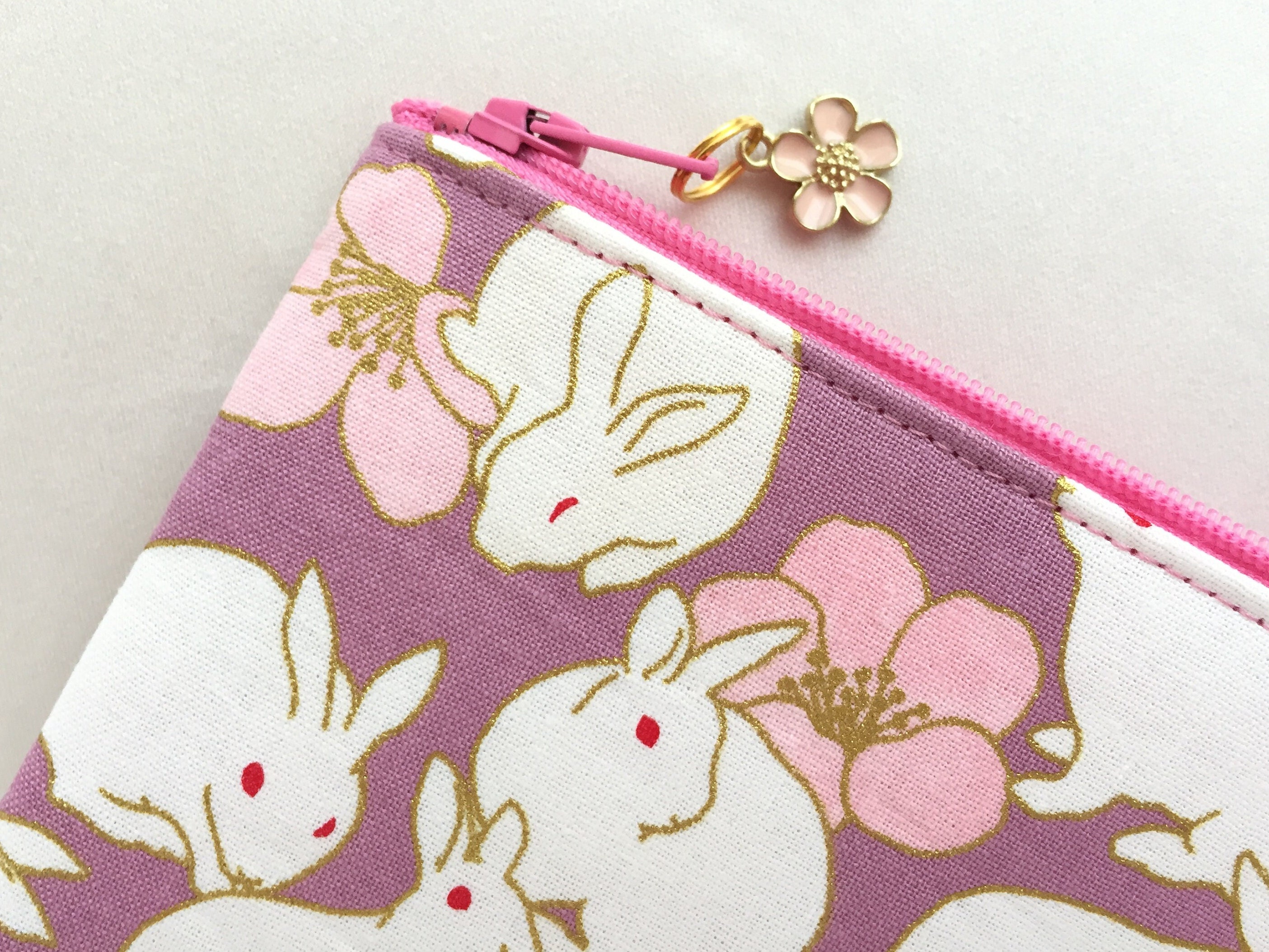 Bunny & Camellia Zipper Pouch / Coin Purse 3.5”x5” or Pencil