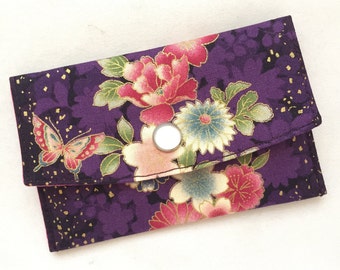 Business Card Case/ Gift Card Holder/ Mini Coin Purse - Butterfly & Japanese Flowers - Sakura, Chrysanthemum,  Peony - Amethyst