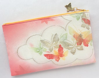 Upcycled Vintage Kimono Zipper Pouch 5”x8” - Butterfly, Japanese Maple, and Chrysanthemum