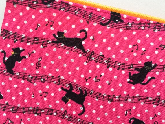 Fuchsia Kawaii Cat /& Music Pencil Case Zipper Pouch