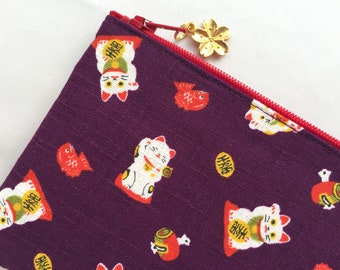 Maneki Neko Zipper Pouch /Coin Purse or Pencil Case - Eggplant