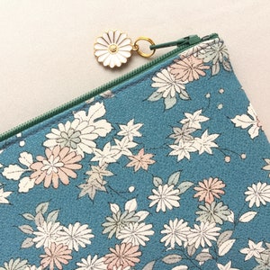 Upcycled Vintage Kimono Zipper Pouch / Pencil Case 4”x8” - Japanese Traditional Plants on Sky Blue