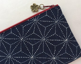 Asanoha Sashiko Patterned  Zipper Pouch / Coin Purse 3.5”x5” or Pencil Case 4”x8” - Japanese Traditional Geometric Pattern - Indigo