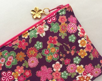 Sakura Zipper Pouch / Coin Purse 3.5”x5” or Pencil Case 4”x8”  - Japanese Traditional Flowers on Amethyst