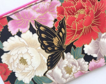 Peony & Butterfly Zipper Pouch / Cosmetic Pouch