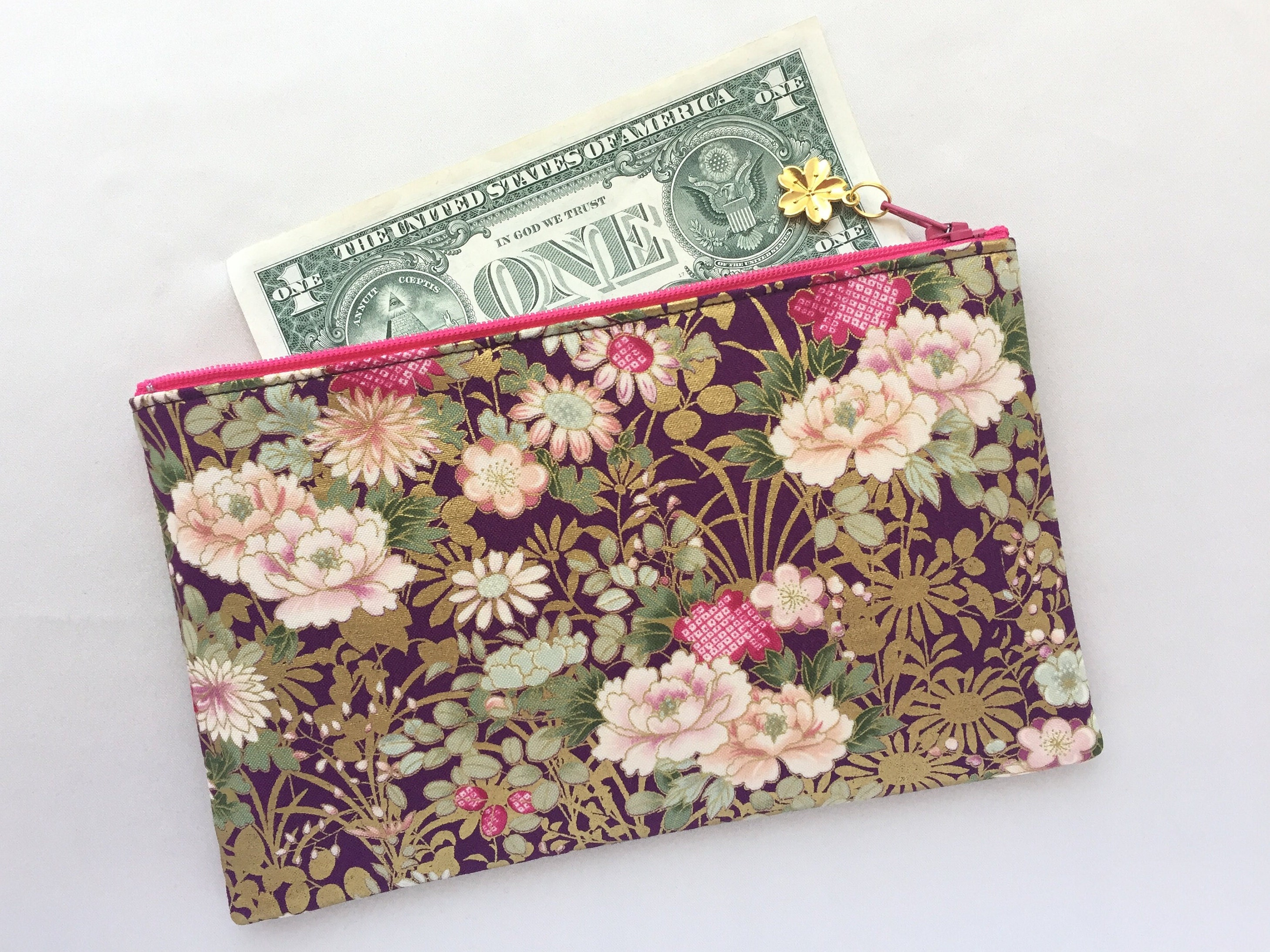 Japanese Garden Zipper Pouch / Cosmetic Purse 5”x8” - Peony
