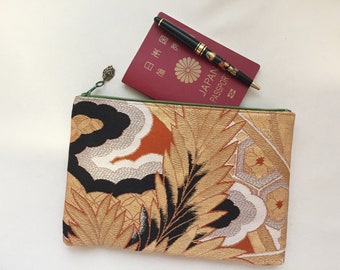 RG OD ポーチセット Upcycled Vintage Obi Clutch Bag / 6”x9” Zipper Pouch - Gold
