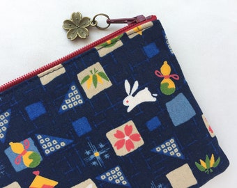 Bunny Zipper Pouch / Coin Purse or Pencil Case - Japanese Traditional Pattern - Usagi, Sakura, Pine, Bamboo, etc. on Indigo Kasuri