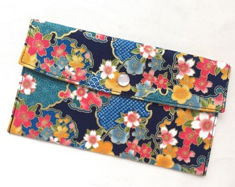 Snapped Pouch - Sakura and Ume with Yukiwa-mon of Asanoha, Seigaiha, & Kanoko-Shibori - Indigo