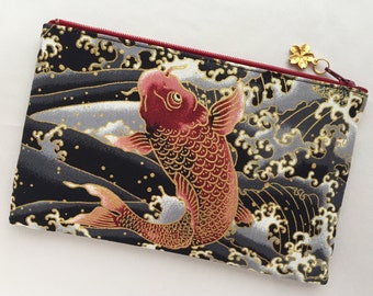 Koi Zipper Pouch / Cosmetic Pouch 5”x8”- “Koi no Takinobori”