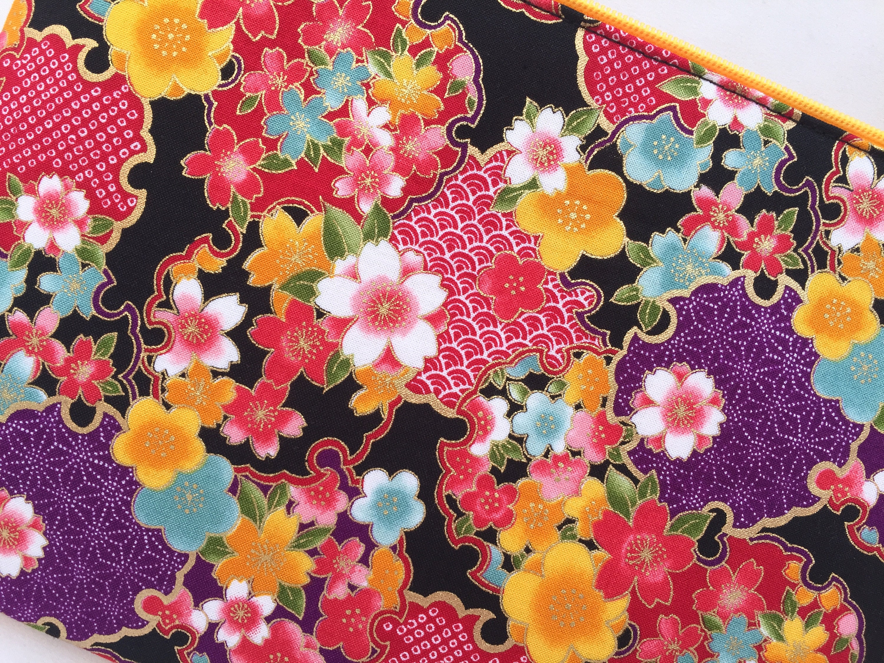 Kimono Zipper Pouch / 6”x9” Cosmetic Purse - Sakura and Ume