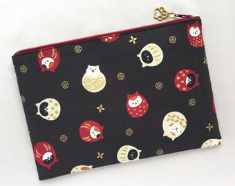 Daruma Neko Zipper Pouch / Cosmetic Pouch - Japanese Lucky Cat - Black