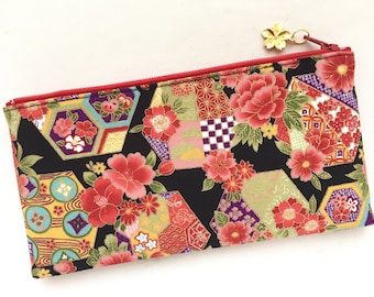 Japanese Traditional Flowers & Kikkou Zipper Pouch / Pencil Case - Sakura, Peony, Camellia, and Hexagon Pattern