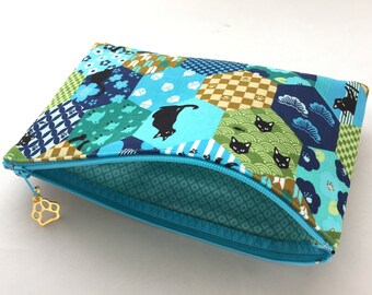 CAT 縁起もの Cat Zipper Pouch / Cosmetic Pouch 5x8”- Black Cats on
