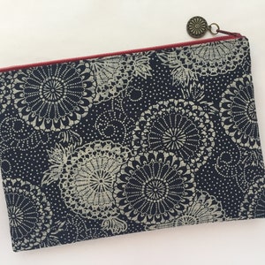 May include: A dark blue zippered pouch with a white floral pattern. The pouch has a red zipper and a small metal charm.
