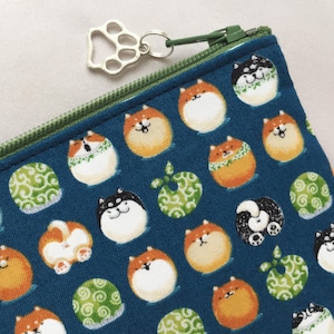 Shiba-Inu Manjū Zipper Pouch / Coin Purse or Pencil Case - Japanese Dog, Shibainu Shaped Pastries with Karakusa Patterned Furoshiki - Navy