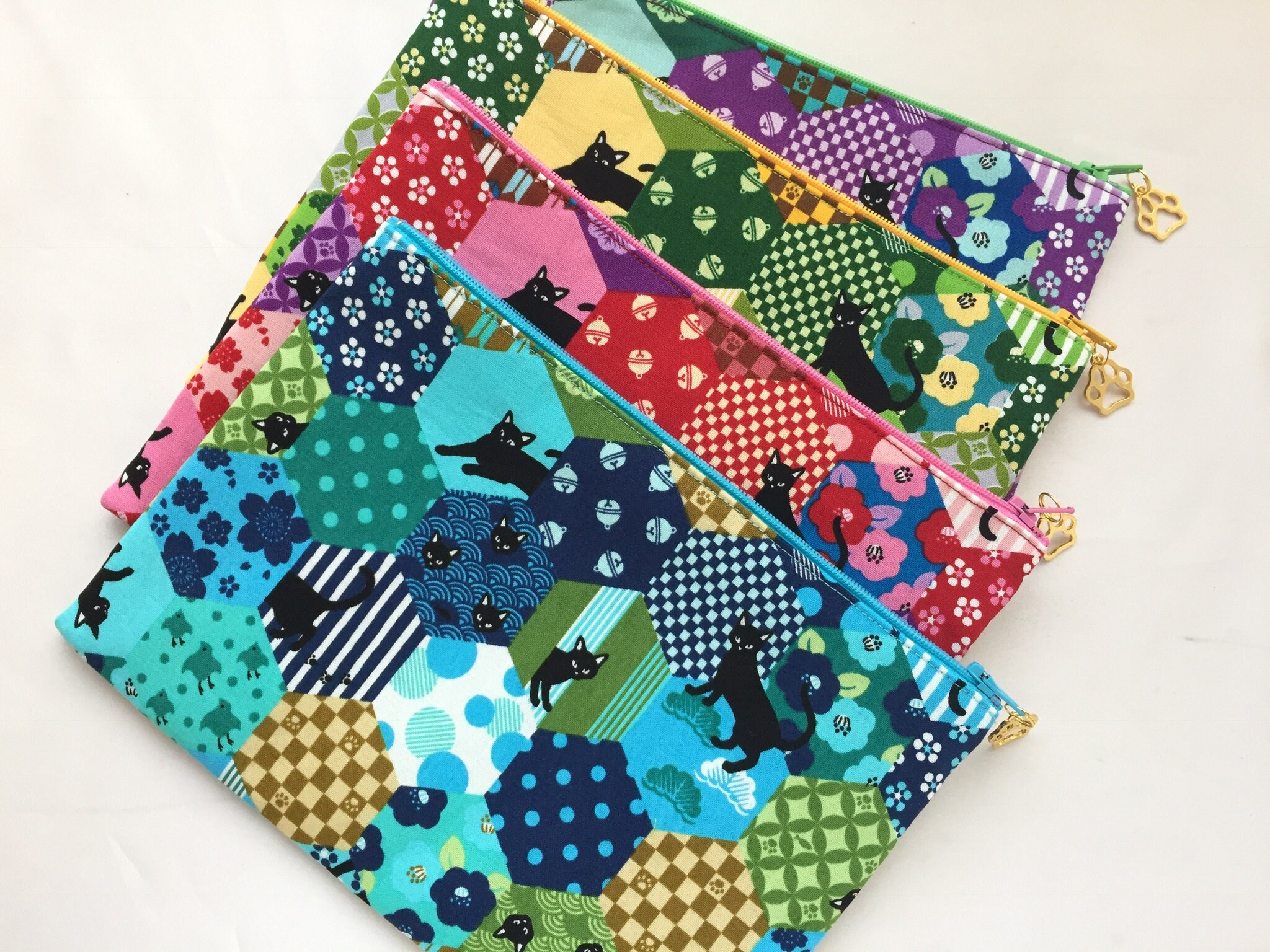 CAT 縁起もの Cat Zipper Pouch / Cosmetic Pouch 5x8”- Black Cats on