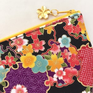 Kimono Zipper Pouch / Coin Purse or Pencil Case  - Sakura and  Ume with Yukiwa-mon of Asanoha, Seigaiha, & Kanoko-Shibori - Black