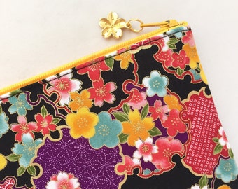Kimono Zipper Pouch / Coin Purse or Pencil Case  - Sakura and  Ume with Yukiwa-mon of Asanoha, Seigaiha, & Kanoko-Shibori - Black