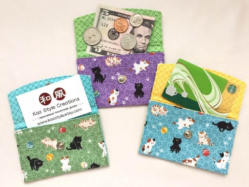 Business Card Case/ Gift Card Holder/ Mini Coin Purse Kawaii Neko Sky Blue, Green, or Purple image 3