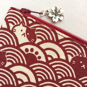 Seigaiha & Neko Zipper Pouch / Coin Purse or Pencil Case - Japanese Traditional Pattern - Ocean Waves and Cat - Red