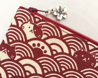 Seigaiha & Neko Zipper Pouch / Coin Purse or Pencil Case - Japanese Traditional Pattern - Ocean Waves and Cat - Red