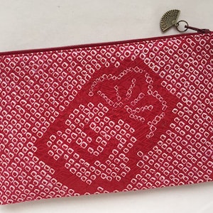 Upcycled Vintage Kimono Zipper Pouch / Kanoko Shibori - Plum Blossom on Crimson