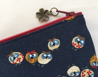 Owl Zipper Pouch / Coin Purse or Pencil Case - Traditional Japanese Pattern - Kawaii Lucky Bird