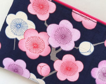Plum Blossom Zipper Pouch / Pencil Case 4”x8” - “Ume no Hana” on Indigo