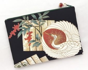Upcycled Kimono Zipper Pouch 6”x9” - Made From a Vintage KuroTomesode - Red-Crowned Crane and GenjiKō
