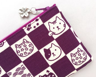 Ichimatsu & Neko Zipper Pouch / Coin Purse - Japanese Traditional Pattern - Eggplant