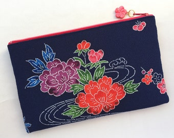 Upcycled Vintage Kimono Zipper Pouch 5”x8” - Katazome - Japanese Traditional Flowers on Indigo