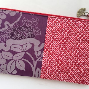Upcycled Vintage Kimono Zipper Pouch 5”x8” / Donsu & Kanoko Shibori - Murasaki and Kurenai