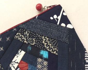 Indigo Patchwork Zipper Pouch / 6”x9” Clutch Purse - Japanese Cotton Prints & Boro Fabric