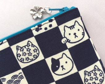 Ichimatsu & Neko Zipper Pouch / Coin Purse - Japanese Traditional Pattern - Indigo