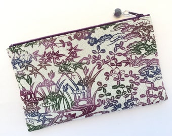 Upcycled Vintage Kimono Zipper Pouch 5”x8” - Chayatsuji Pattern - The Scenery of Japanese Garden, Stream, and Tea House