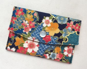 Business Card Case / Gift Card Holder / Snapped Pouch - Sakura and Ume with Yukiwa-mon of Asanoha, Seigaiha, & Kanoko-Shibori - Indigo