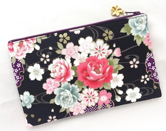 Sakura & Peony Zipper Pouch / Cosmetic Purse 5”x8”