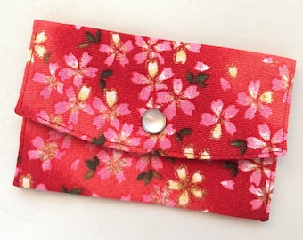 Chirimen Business Card Case/ Gift Card Holder/ Mini Coin Purse - Sakura on Red Ombré