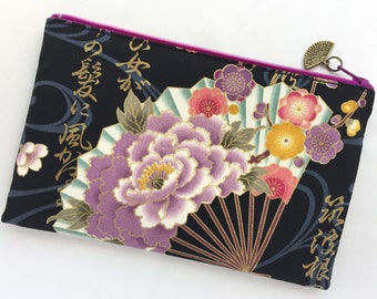 Kimono Zipper Pouch / Cosmetic Pouch - Japanese Folding Fan with Nagauta Lyrics