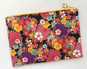 Kimono Zipper Pouch / 6”x9” Cosmetic Purse - Sakura and  Ume with Yukiwa-mon of Asanoha, Seigaiha, & Kanoko-Shibori - Black